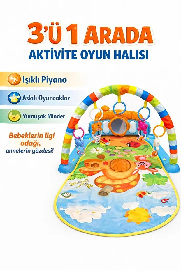 Piyanolu Mantar Desenli Bebek Oyun Halısı – 0+ Ay, Hayvan Figürlü Işıklı ve Müzikli Gelişim Matı 